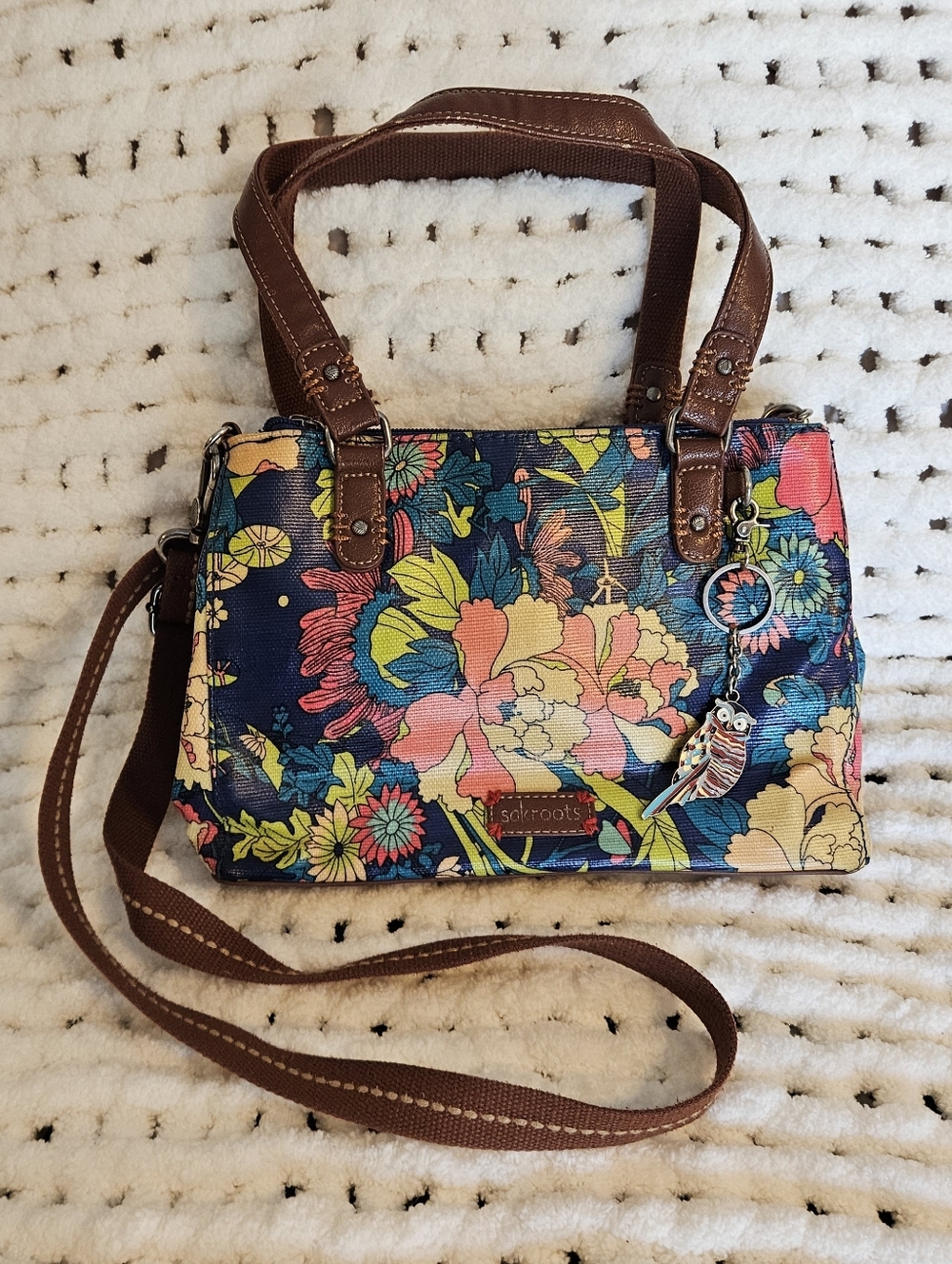 Sakroots Artist Circle Floral Crossbody Tote with Owl Charm